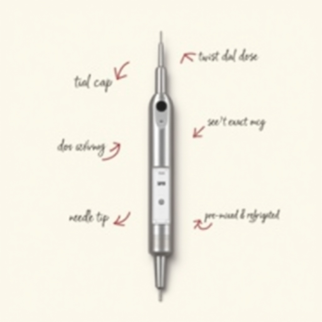 Peptide pen diagram — twist to select dose, dose window, ultra-fine needle, pre-mixed cartridge